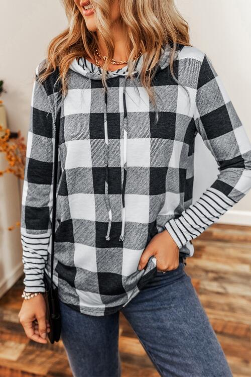 Plaid Drawstring Long Sleeve Hoodie - TRENDMELO