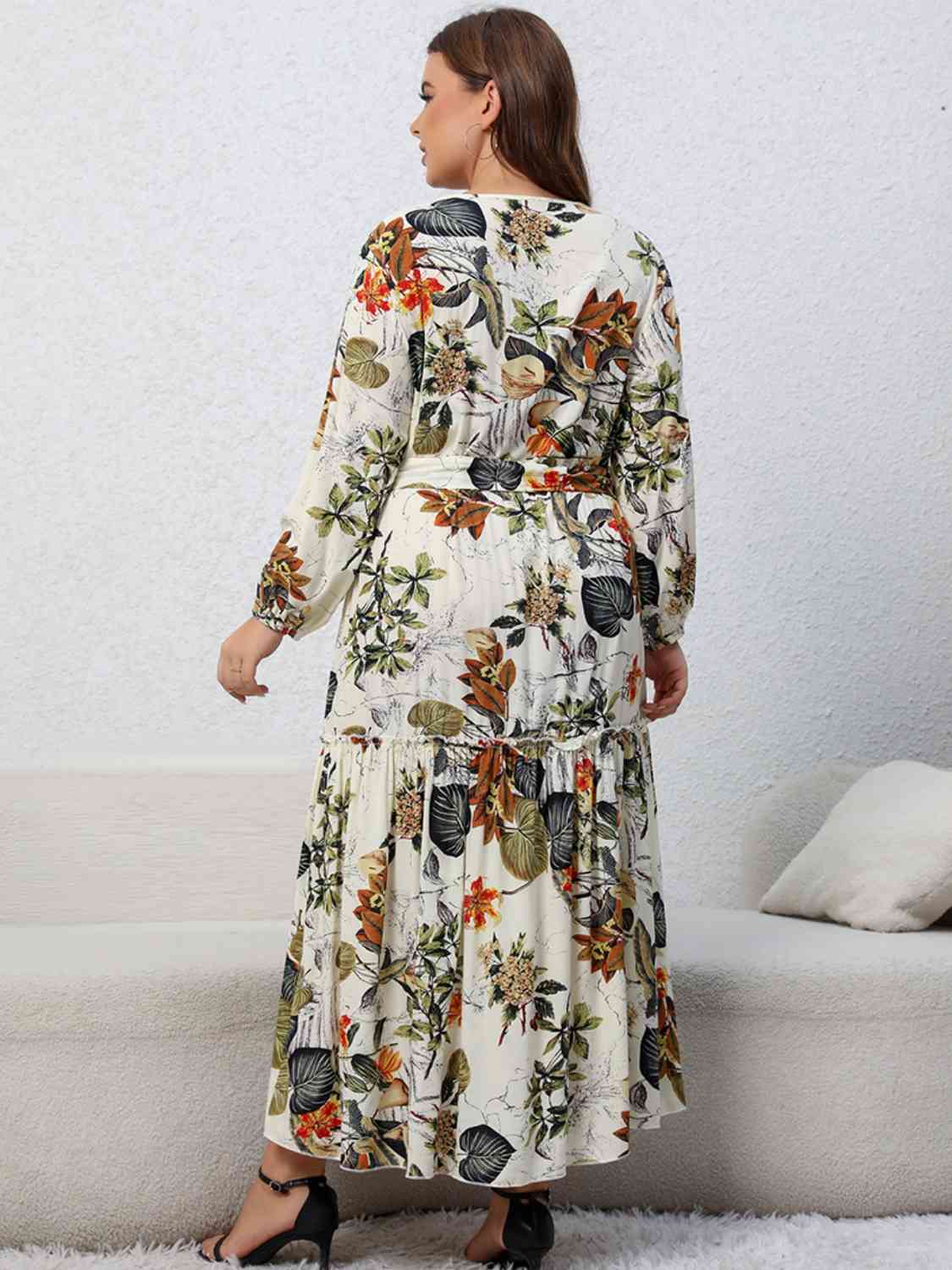 Plus Size Floral Tied Balloon Sleeve Midi Dress - TRENDMELO