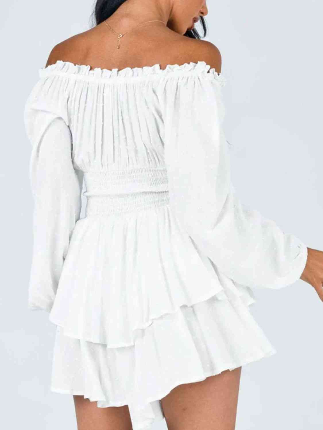 Off Shoulder Smocked Waist Romper - TRENDMELO