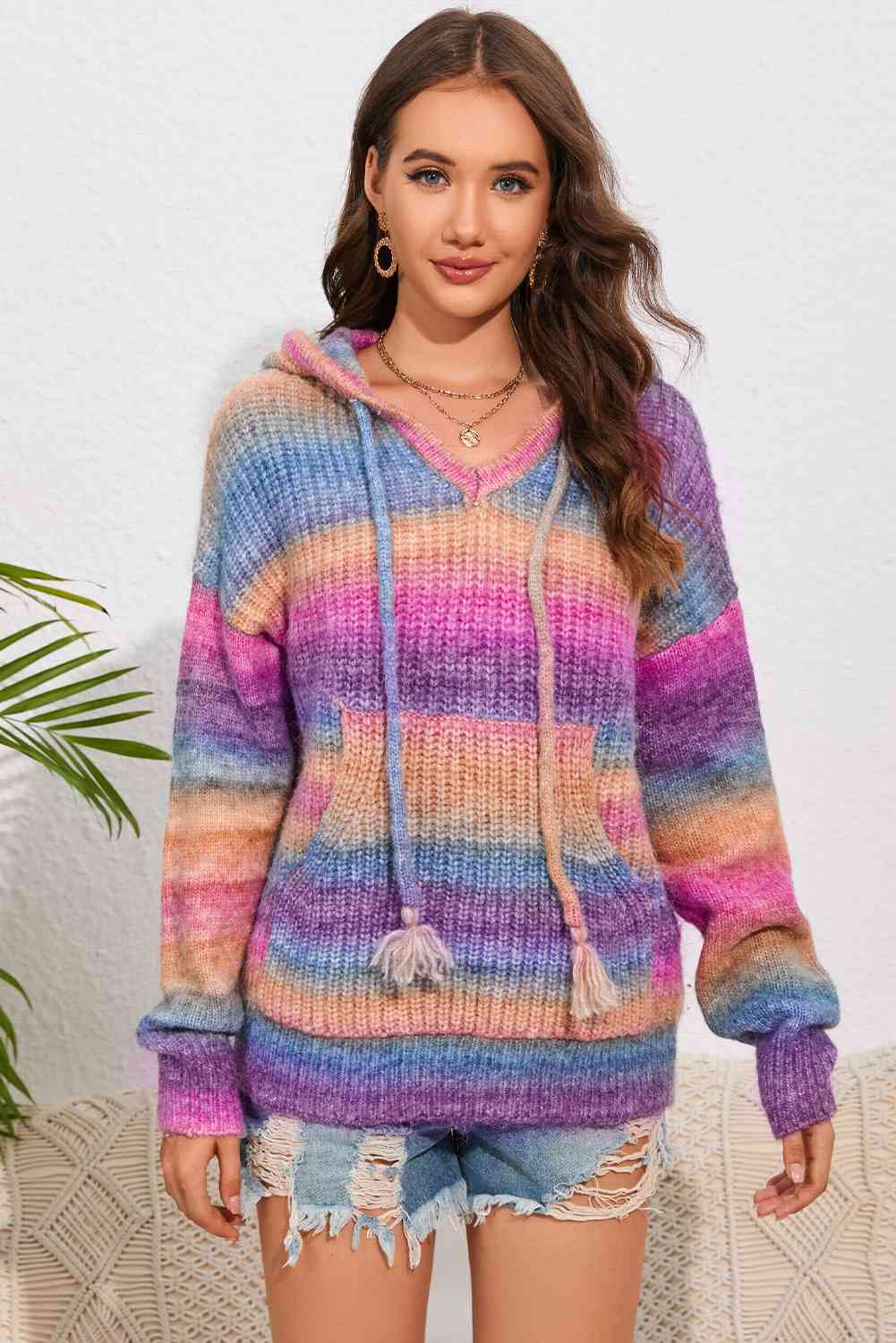 Multicolor Dropped Shoulder Hooded Sweater - TRENDMELO