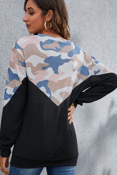 Camouflage Round Neck Long Sleeve Sweatshirt - TRENDMELO