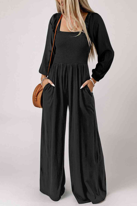 Square Neck Raglan Sleeve Jumpsuit with Pocket - TRENDMELO