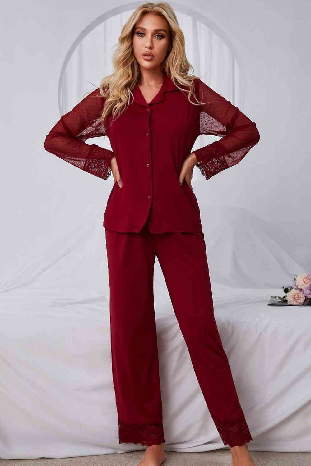 Spliced Lace Lapel Collar Pajama Set - TRENDMELO