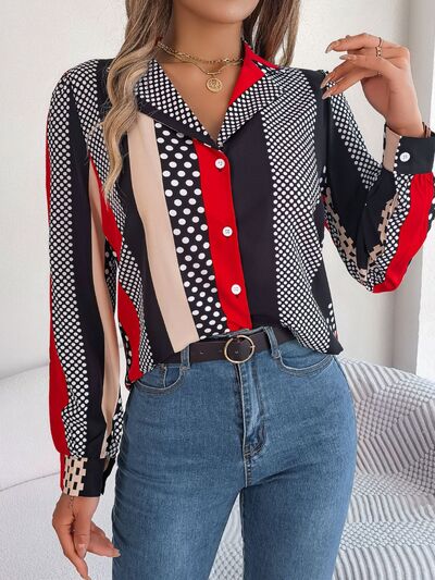 Polka Dot Contrast Long Sleeve Shirt - TRENDMELO