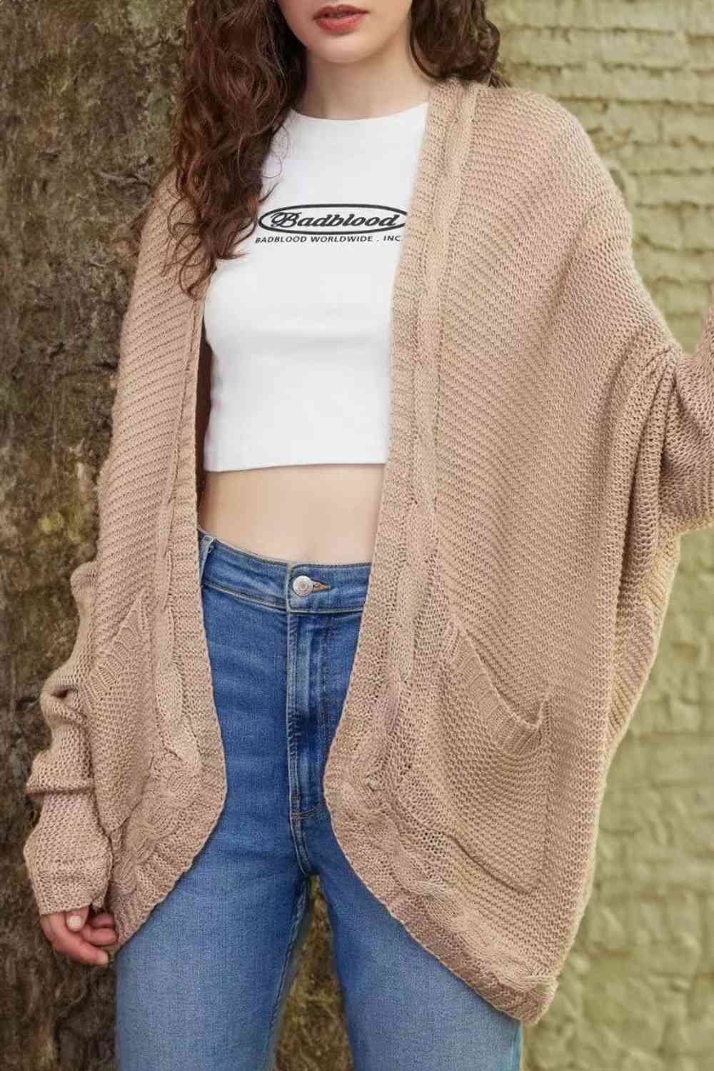 Cable-Knit Open Front Cardigan with Pockets - TRENDMELO