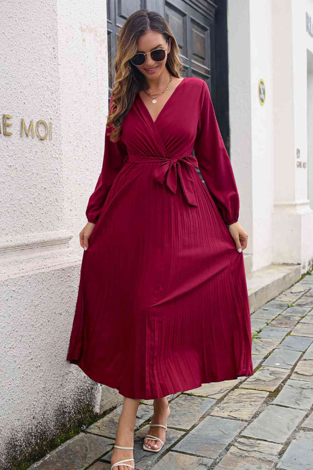 Pleated Long Sleeve Surplice Maxi Dress - TRENDMELO