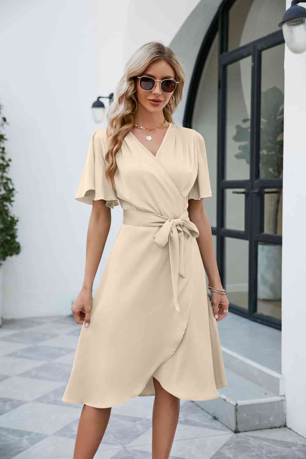 Tie Waist Flutter Sleeve Surplice Dress - TRENDMELO