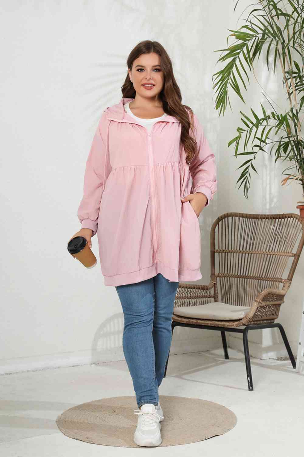 Plus Size Zip-Up Longline Hooded Jacket - TRENDMELO