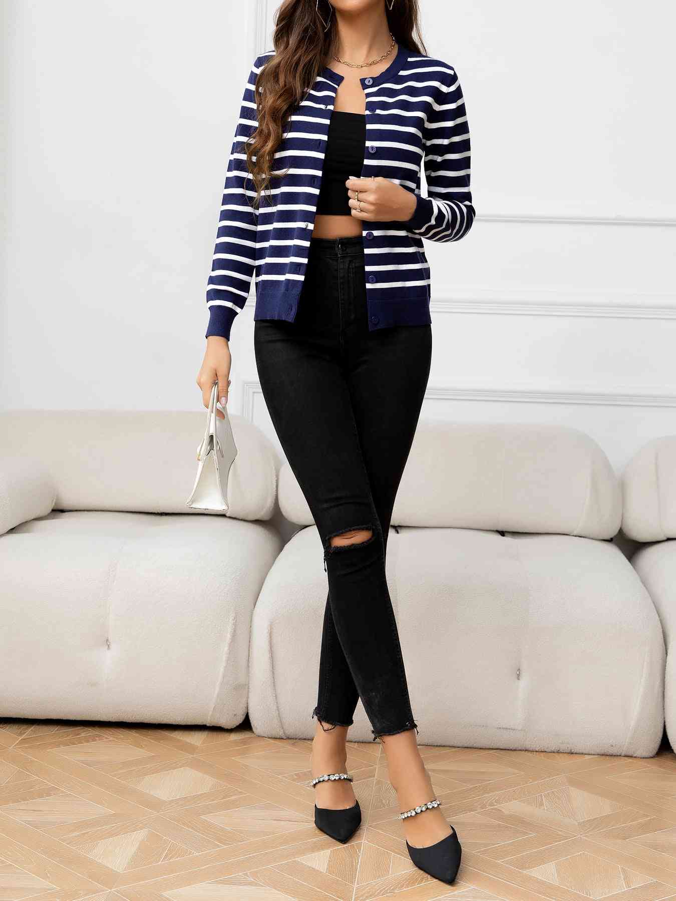 Striped Round Neck Long Sleeve Buttoned Knit Top - TRENDMELO