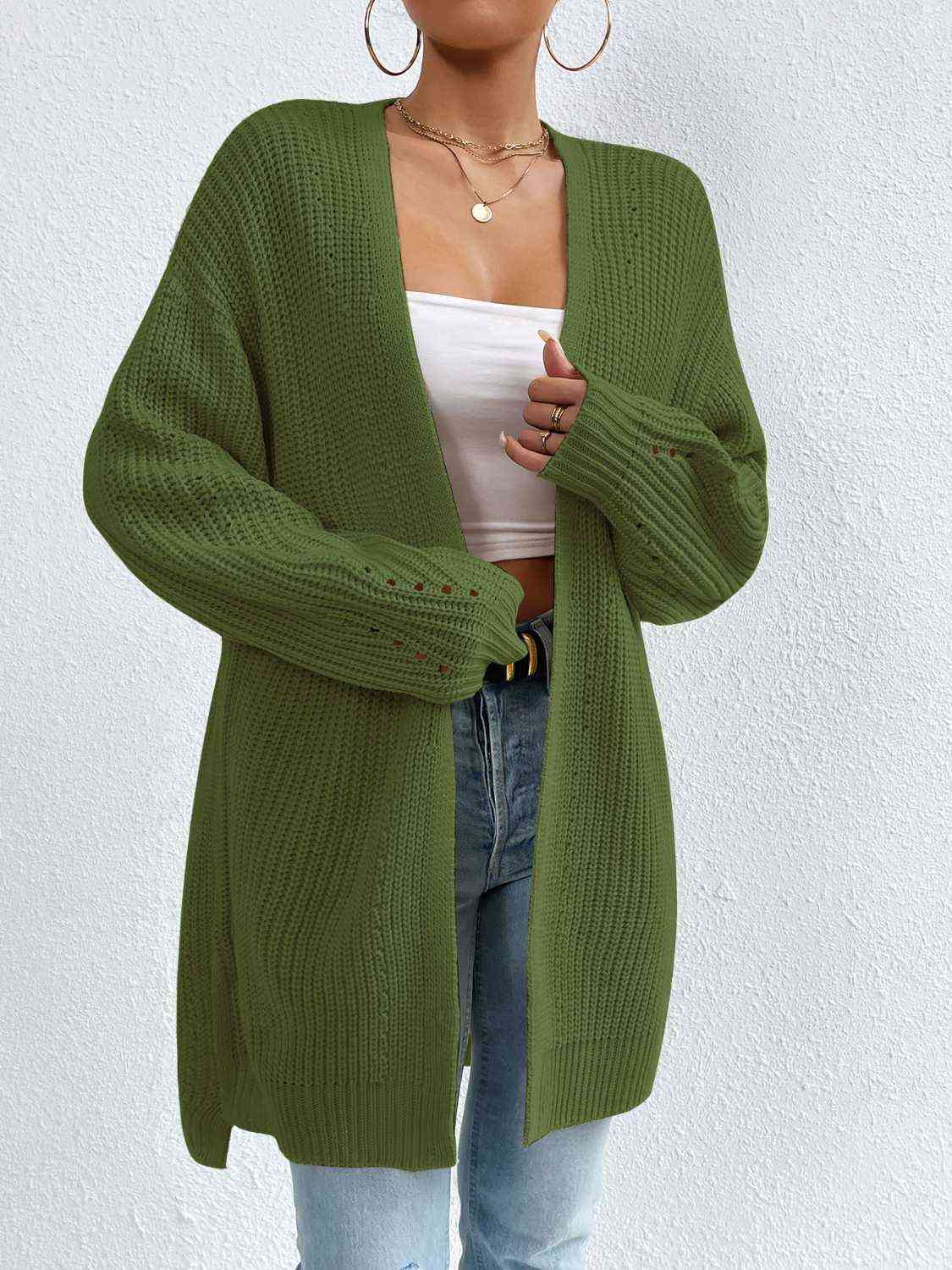 Open Front Dropped Shoulder Slit Cardigan - TRENDMELO