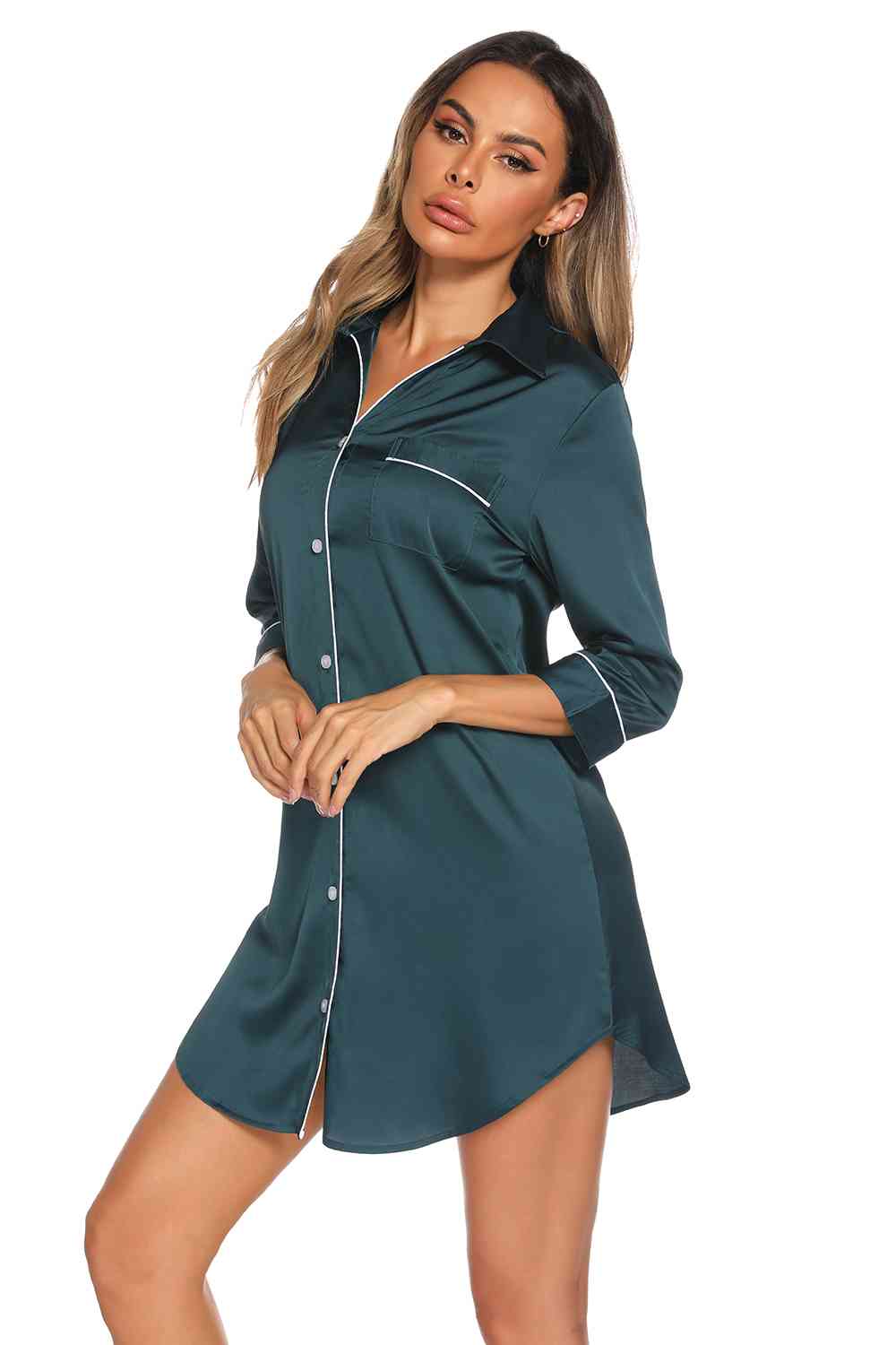 Button Up Collared Neck Night Dress with Pocket - TRENDMELO