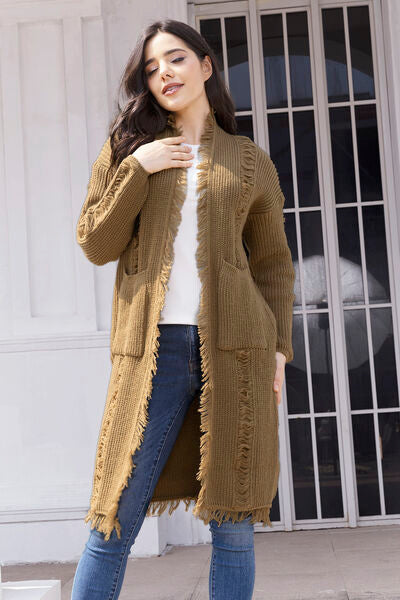 Fringe Trim Open Front Cardigan with Pockets - TRENDMELO