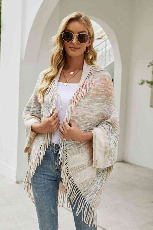 Multicolored Fringe Trim Poncho - TRENDMELO