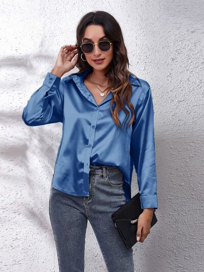 Button Up Collared Neck Long Sleeve Shirt - TRENDMELO