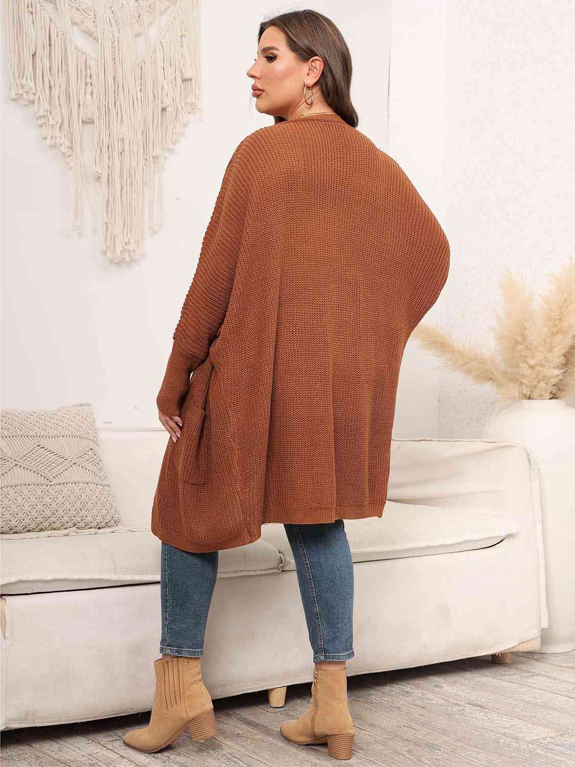 Plus Size Open Front Cardigan With Pockets - TRENDMELO