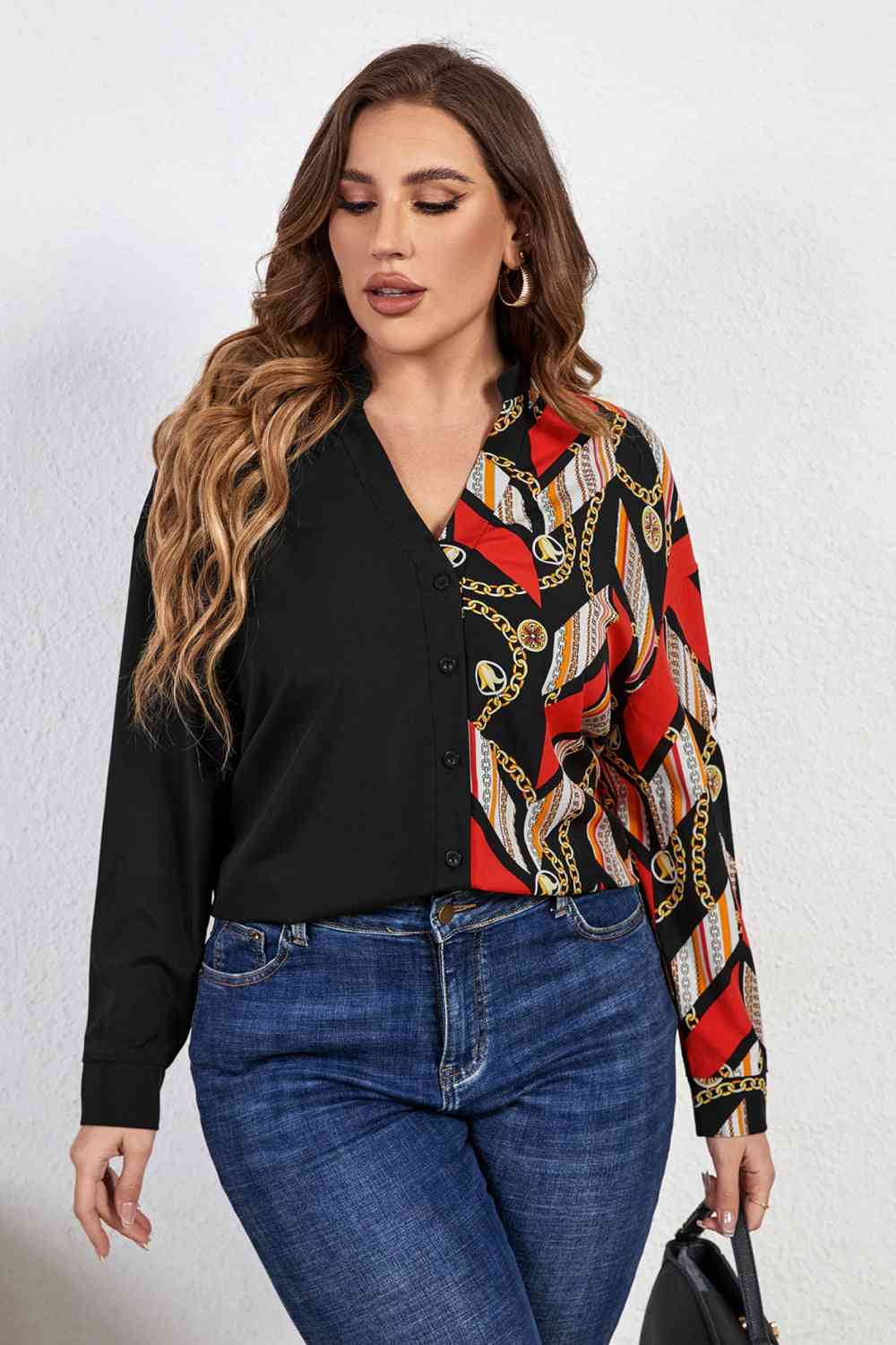 Melo Apparel Plus Size Contrast Color Notched Neck Shirt - TRENDMELO