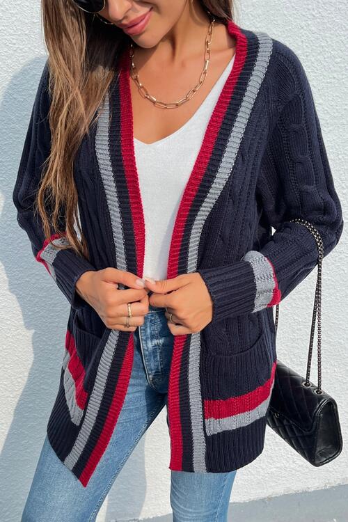 Open Front Striped Long Sleeve Cardigan - TRENDMELO