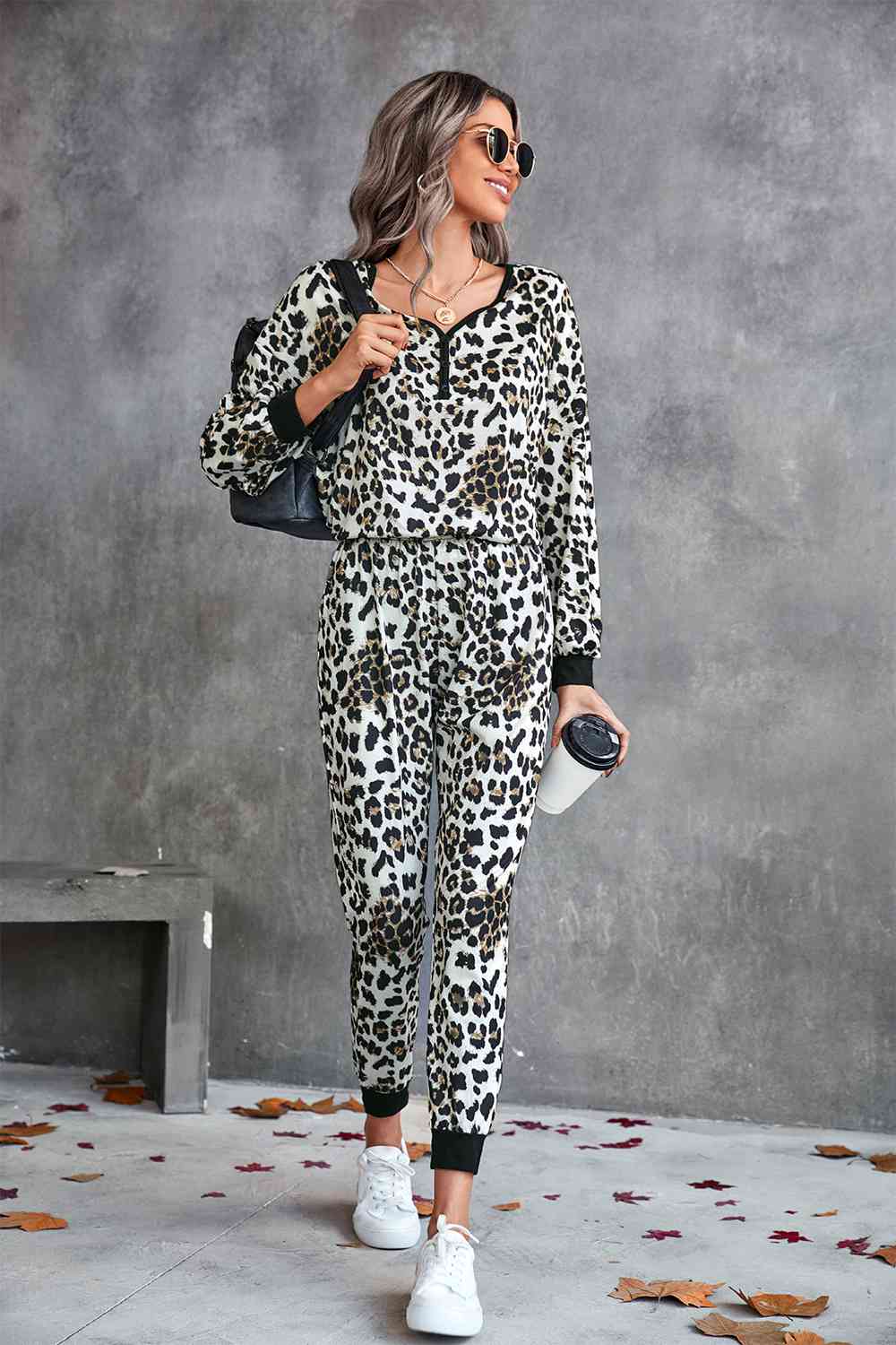 Leopard V-Neck Dropped Shoulder Loungewear Set - TRENDMELO