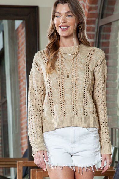 Full Size Openwork Cable-Knit Round Neck Knit Top - TRENDMELO