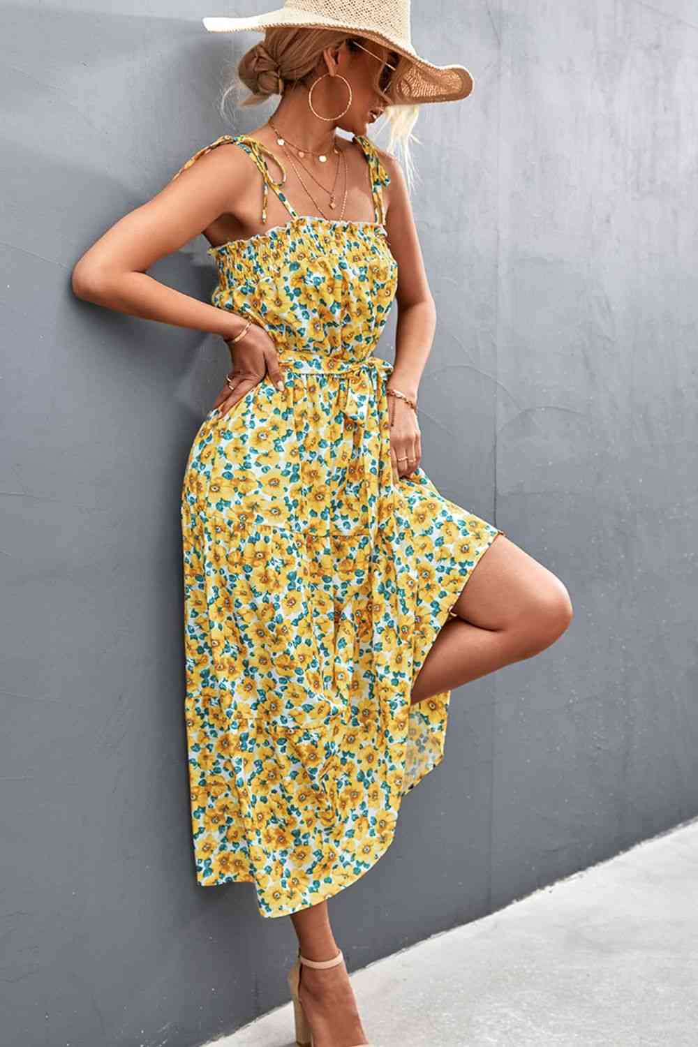 Floral Tie-Shoulder Belted Dress - TRENDMELO