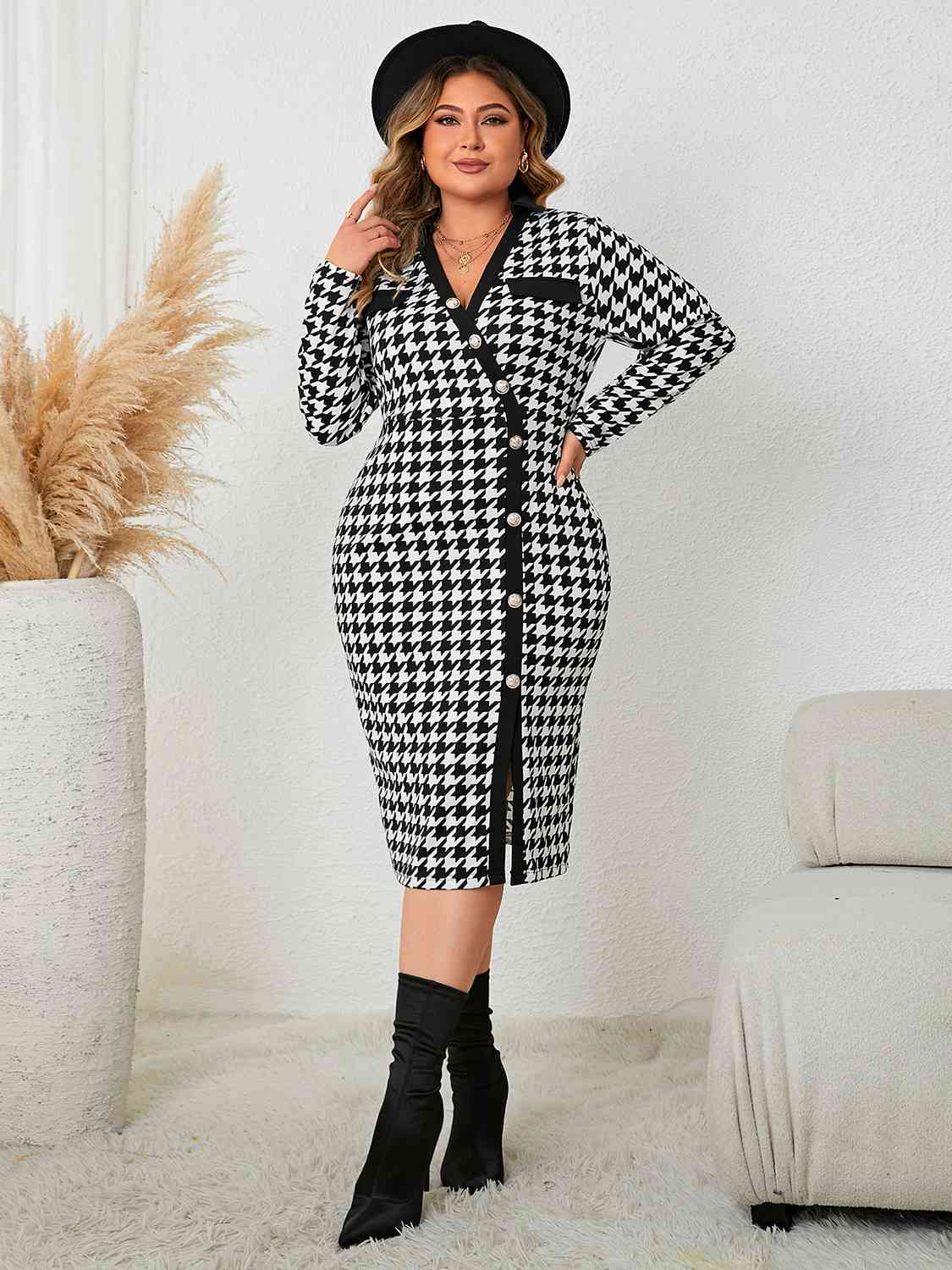 Plus Size Houndstooth Long Sleeve Slit Dress - TRENDMELO
