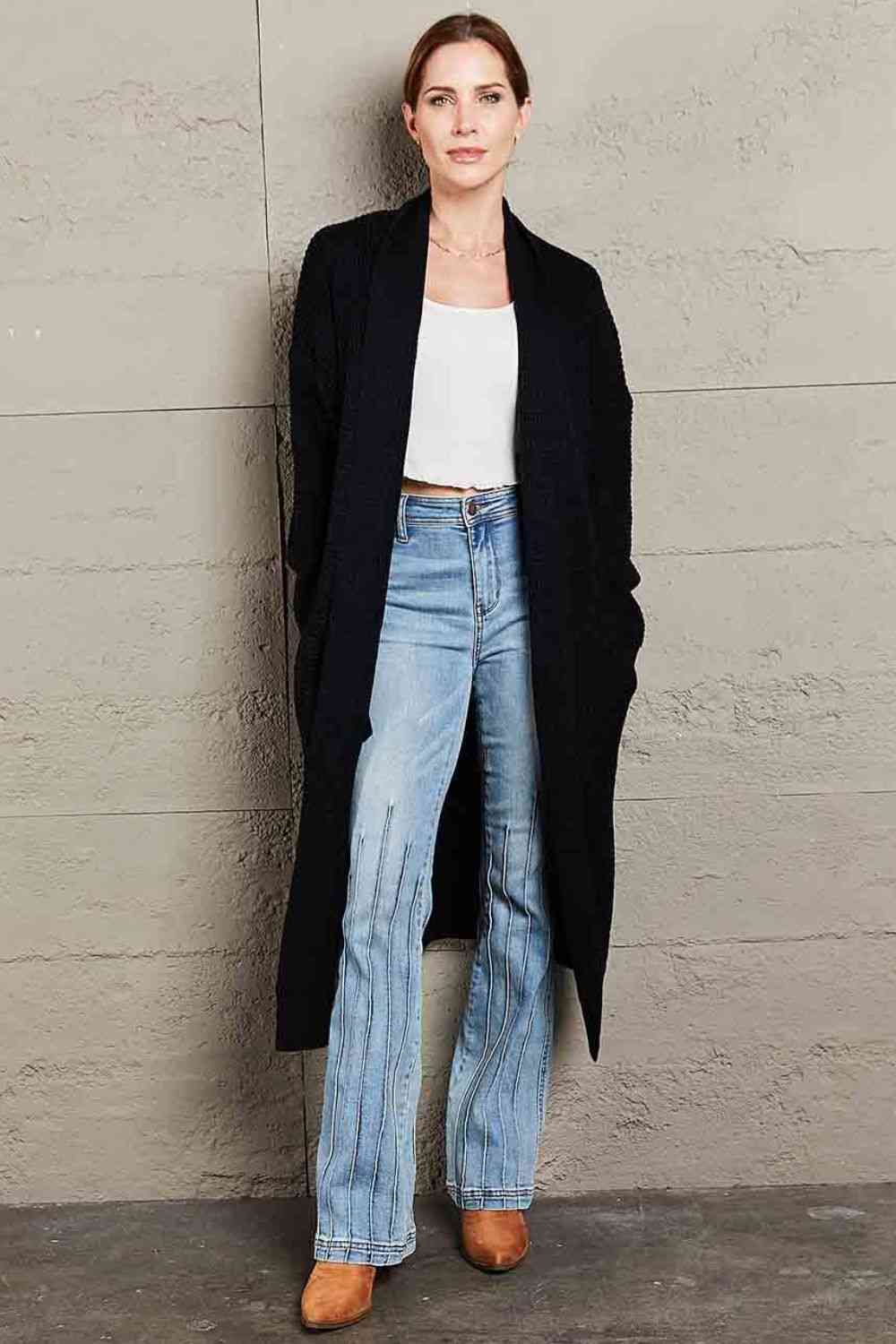 Double Take Waffle Knit Open Front Duster Cardigan With Pockets - TRENDMELO