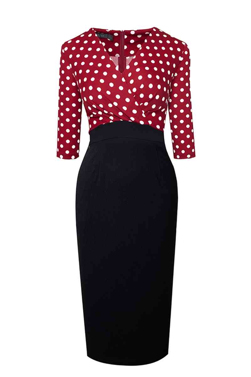 Surplice Neck Polka Dot Pencil Dress - TRENDMELO