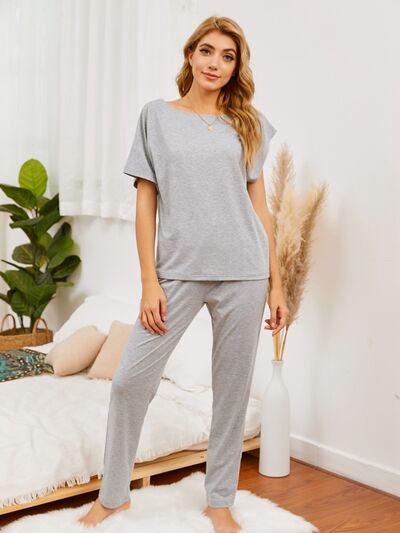 Round Neck Top and Pants Lounge Set - TRENDMELO