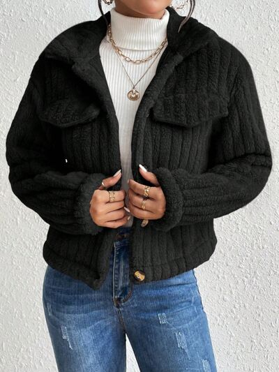 Fuzzy Button Up Collared Neck Jacket - TRENDMELO