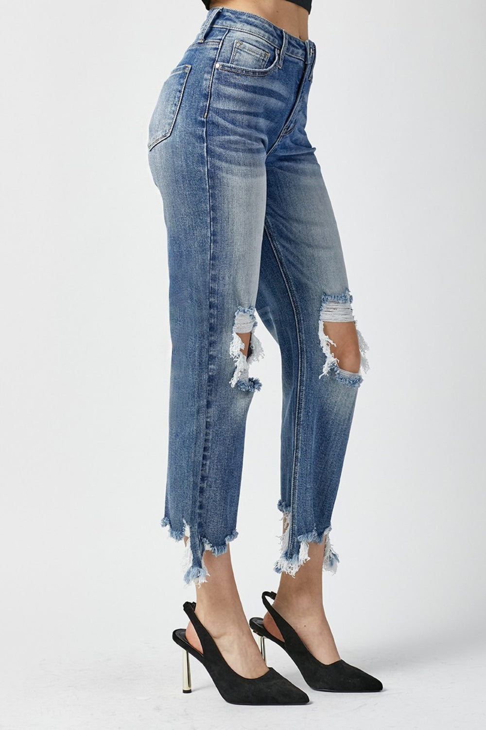 RISEN High Waist Distressed Frayed Hem Cropped Straight Jeans - TRENDMELO