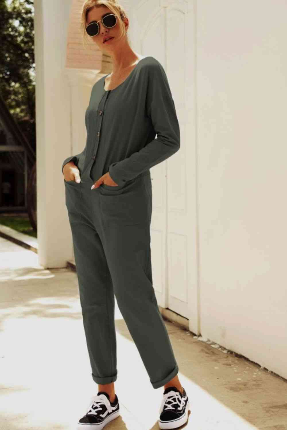 Buttoned Drop Shoulder Pocket Jumpsuit - TRENDMELO