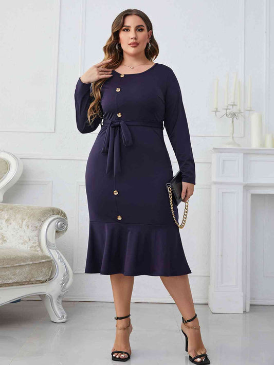 Melo Apparel Plus Size Buttoned Round Neck Tie Belt Midi Dress - TRENDMELO