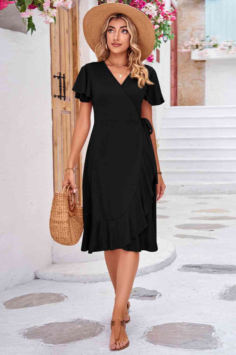 Surplice Neck Flutter Sleeve Dress - TRENDMELO