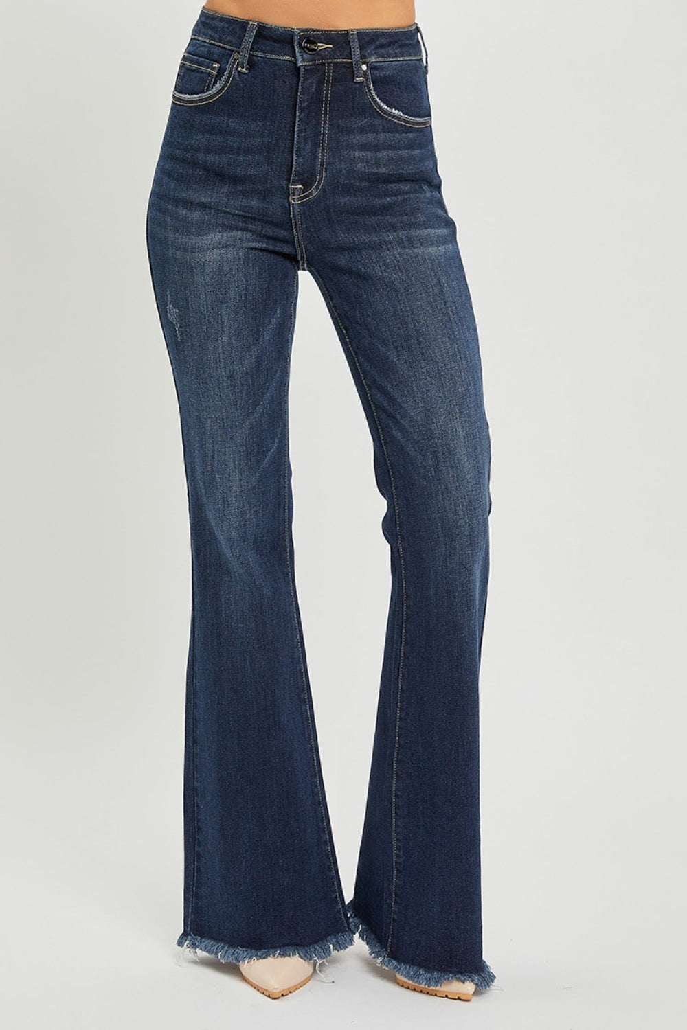 RISEN High Waist Raw Hem Flare Jeans - TRENDMELO