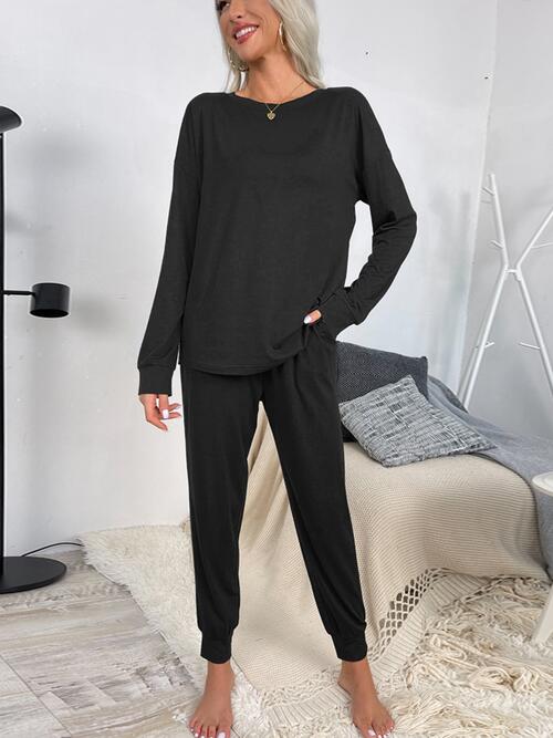 Round Neck Top and Drawstring Pants Lounge Set - TRENDMELO