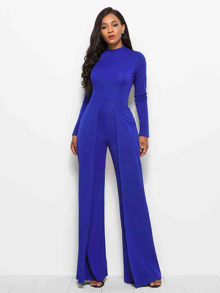 Long Sleeve Mock Neck Wide Leg Jumpsuit - TRENDMELO