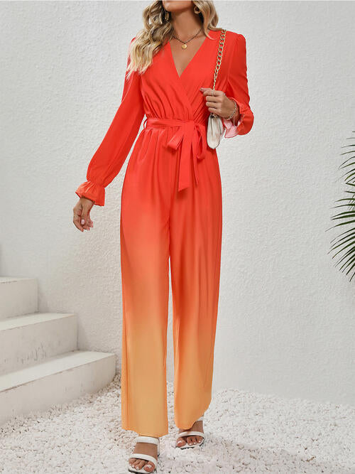 Gradient Tie Front Flounce Sleeve Jumpsuit - TRENDMELO