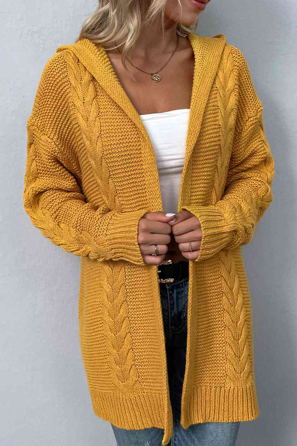 Cable-Knit Dropped Shoulder Hooded Cardigan - TRENDMELO