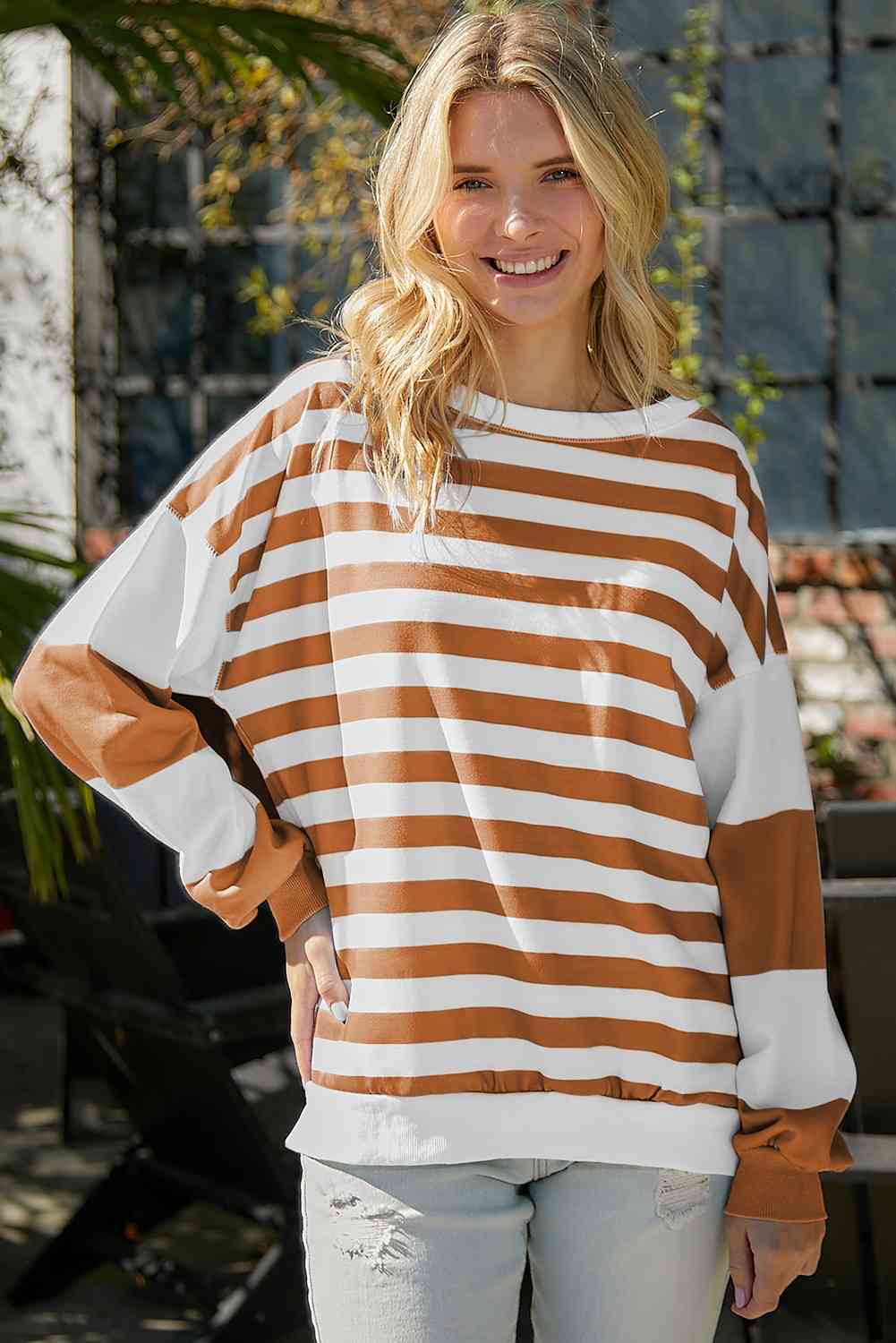 Striped Dropped Shoulder Sweatshirt - TRENDMELO