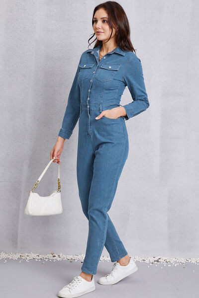 Snap Down Denim Jumpsuit with Pockets - TRENDMELO