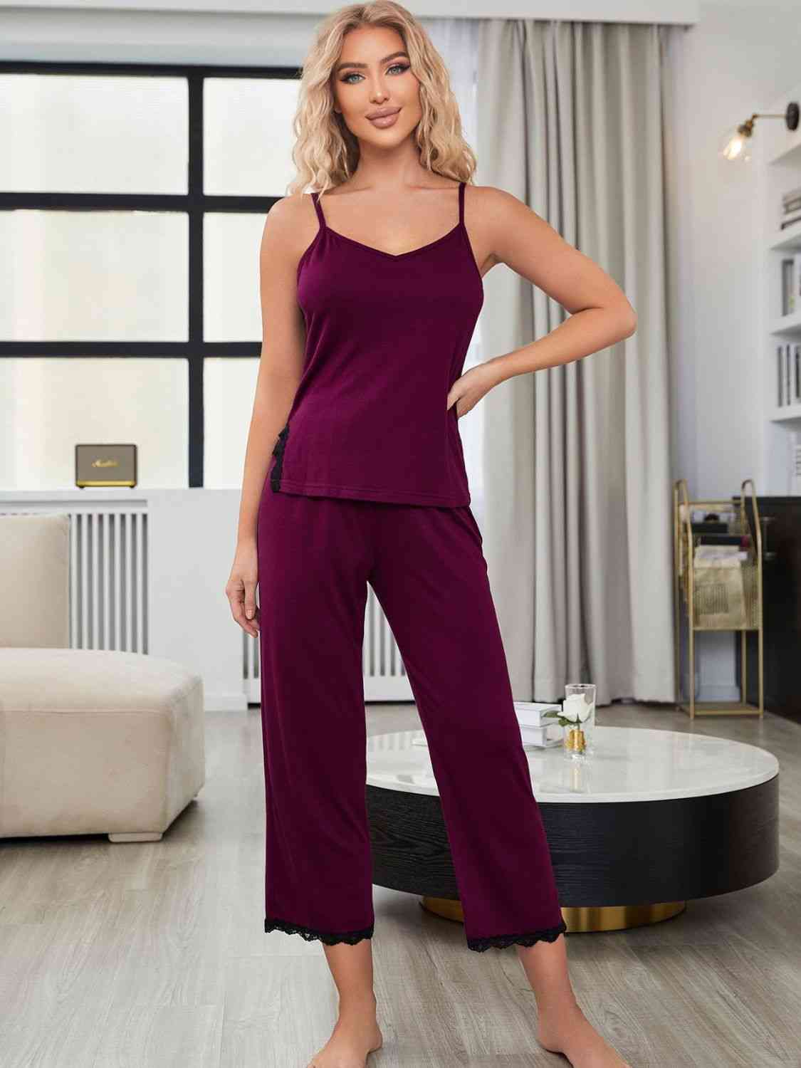 V-Neck Lace Trim Slit Cami and Pants Pajama Set - TRENDMELO