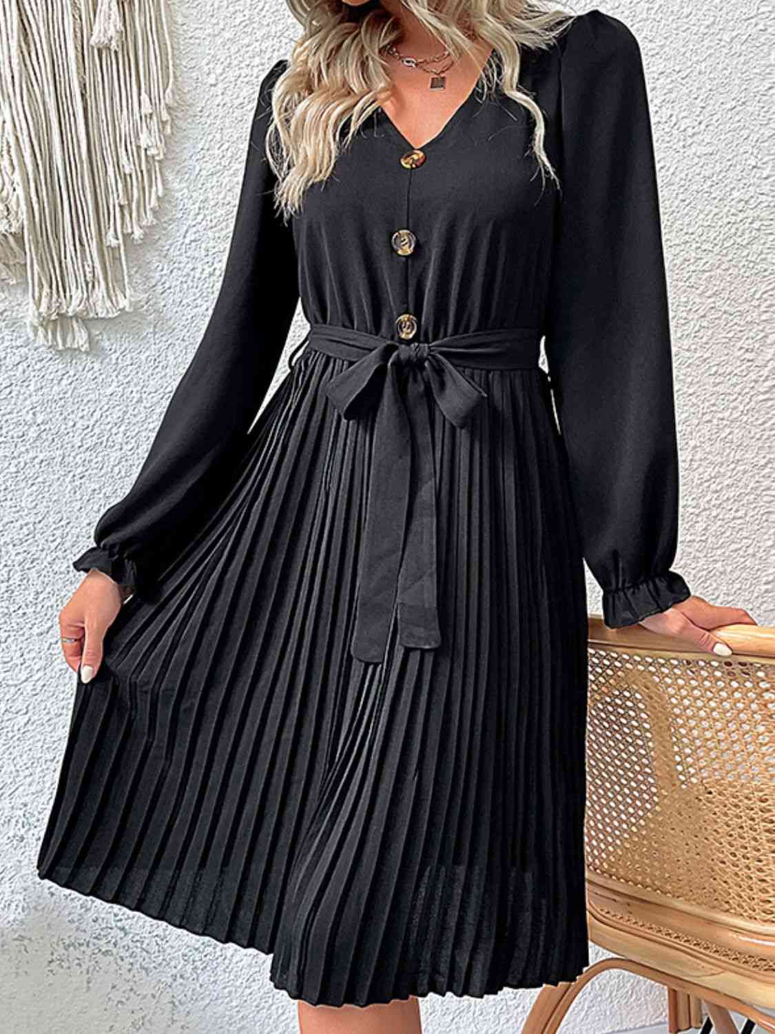 Decorative Button Belted Puff Sleeve Pleated Dress - TRENDMELO