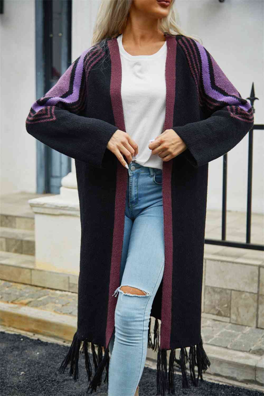 Double Take Geometric Fringe Hem Open Front Duster Cardigan - TRENDMELO