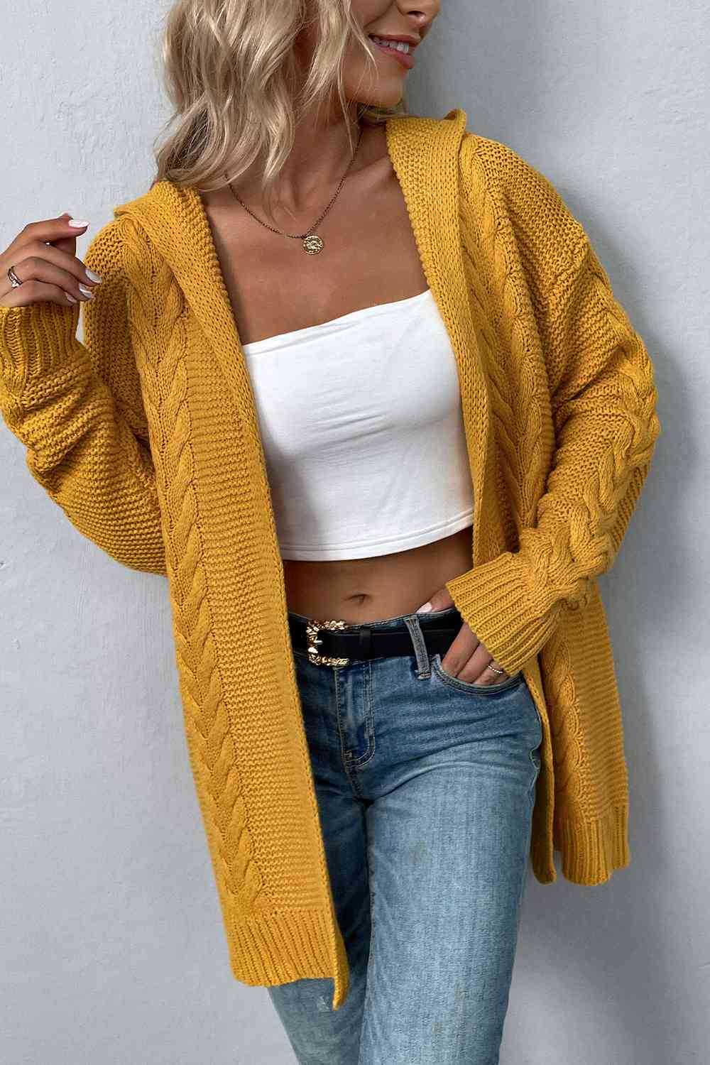 Cable-Knit Dropped Shoulder Hooded Cardigan - TRENDMELO