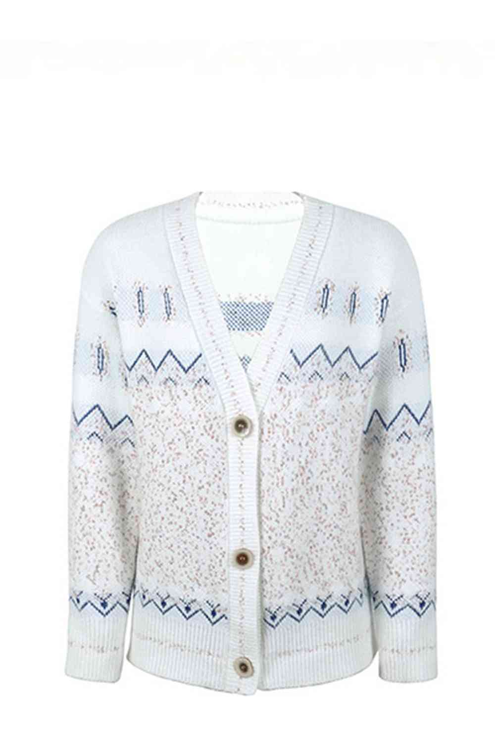 Printed V-Neck Buttoned Cardigan - TRENDMELO