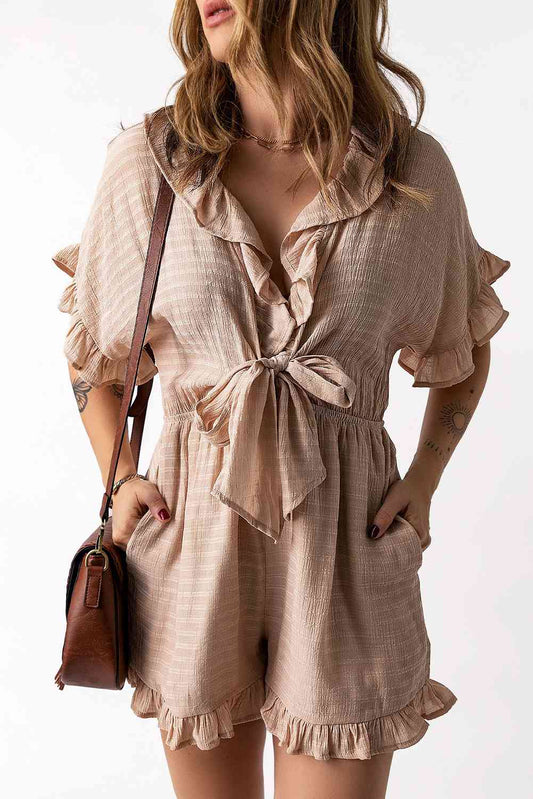 Striped Tie Detail Ruffled Romper with Pockets - TRENDMELO