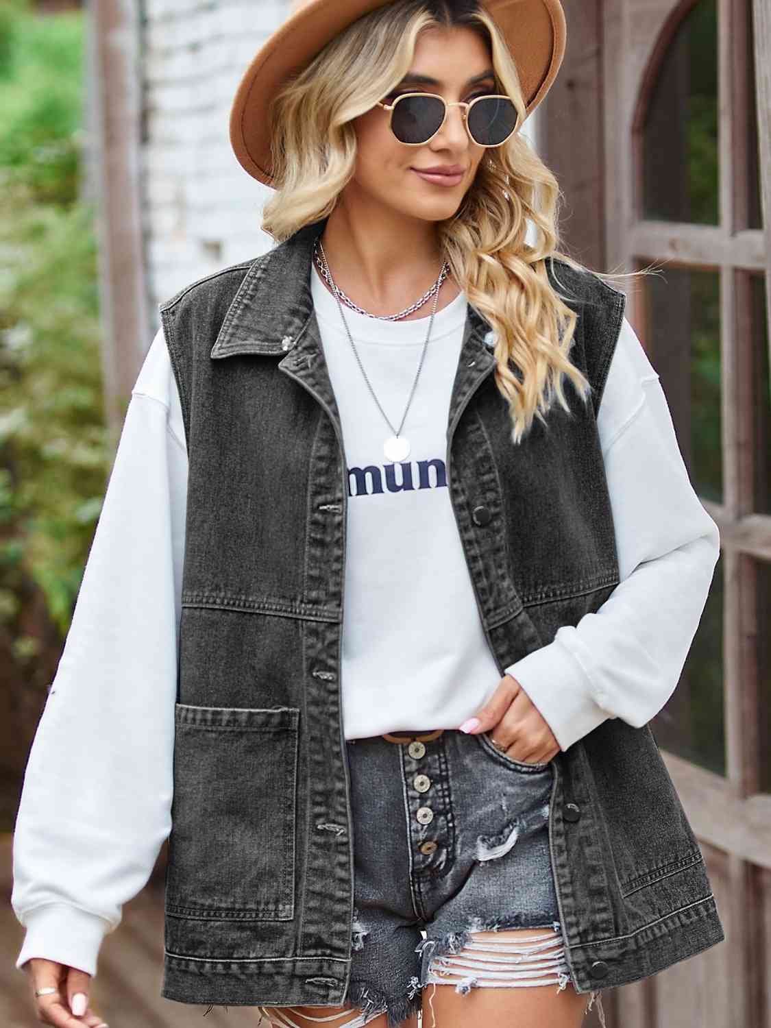 Button Front Sleeveless Denim Jacket - TRENDMELO