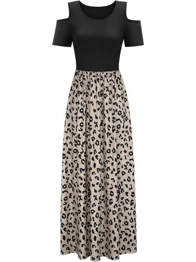 Leopard Round Neck Cold Shoulder Dress - TRENDMELO