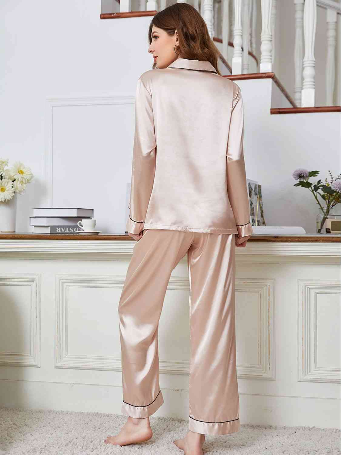 Lapel Collar Long Sleeve Top and Pants Pajama Set - TRENDMELO