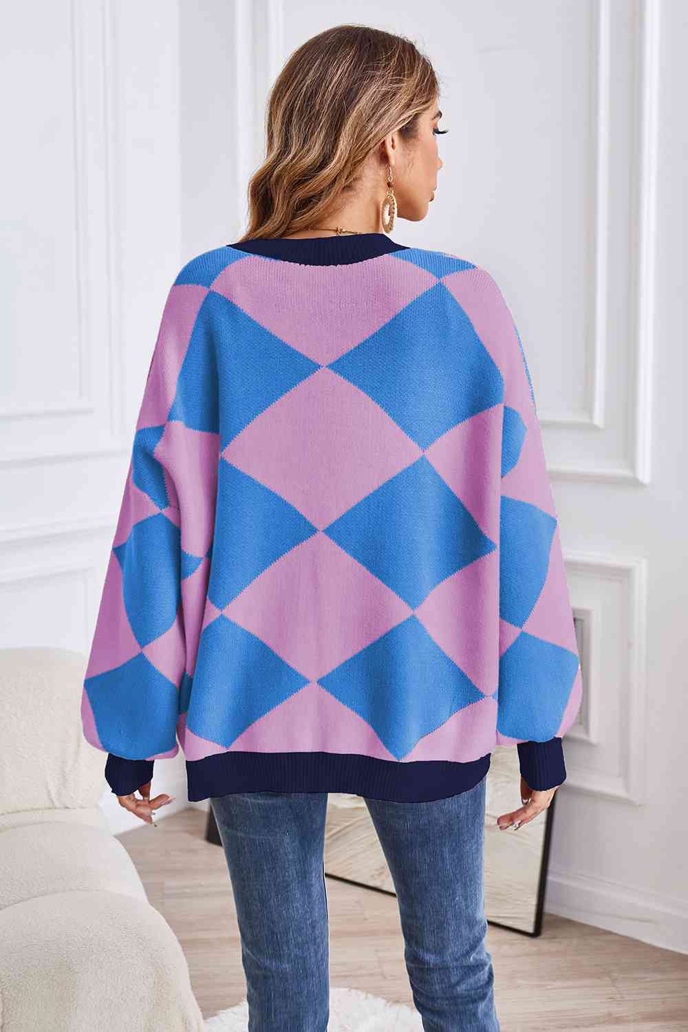 Geometric Lantern Sleeve Cardigan with Pockets - TRENDMELO